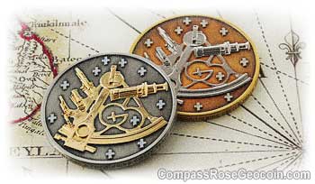Sextant Geocoins - antique silver and antique bronze